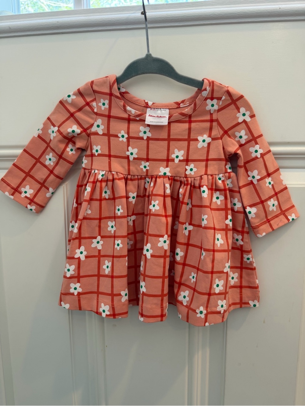 Hanna Andersson Coral Plaid Dress with White Daisy Print